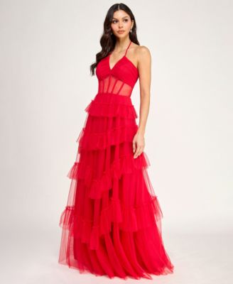 Juniors' Corset Halter Ruffle Tier Skirt Gown
