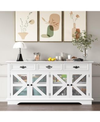 white 63" kitchen buffet cabinet with glass display, 3 drawers, charging station, and mesh barn doors.