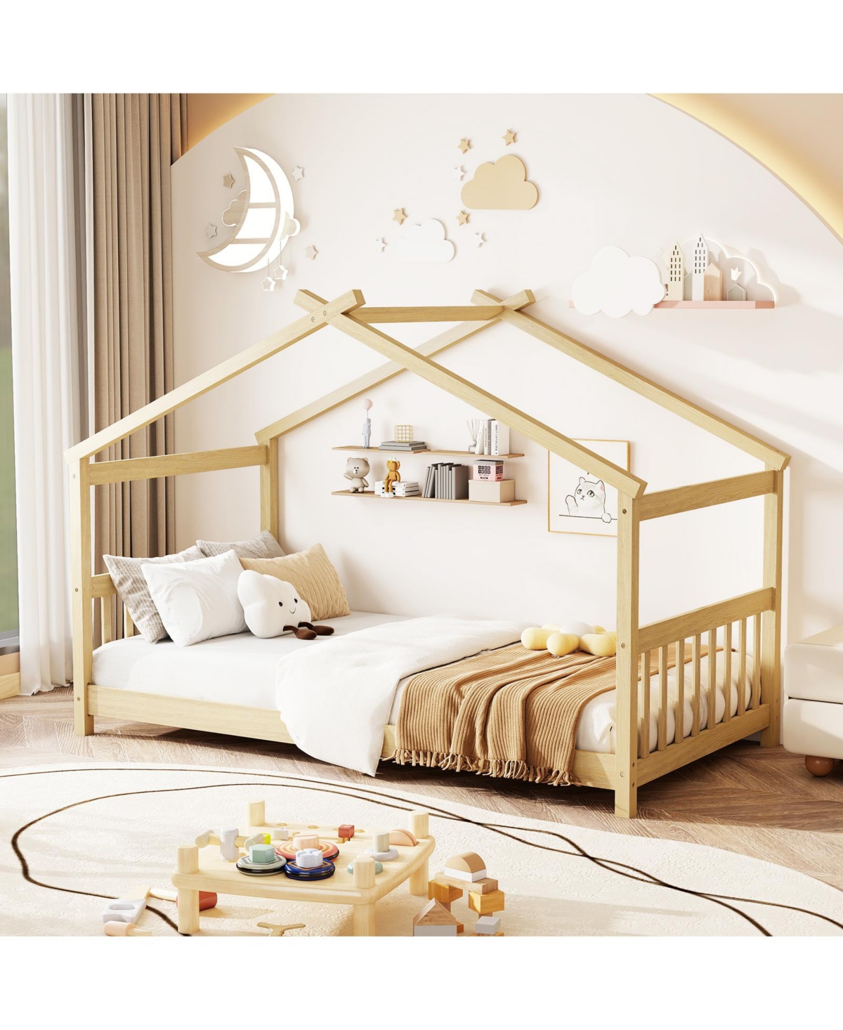 Slickblue Twin Size Wooden House Bed with Roof