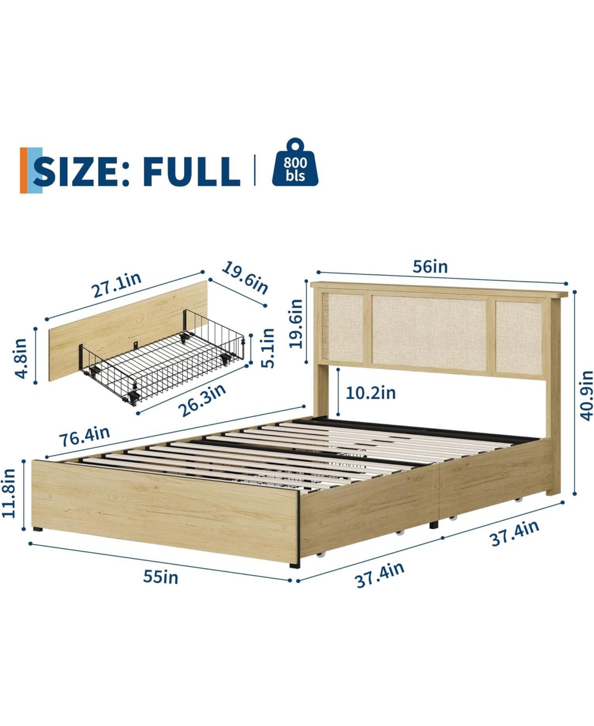gaomon Full Boho Bed with Rattan Headboard, 4 Storage Drawers, Wood Slats, Metal Frame, No Box Spring Needed