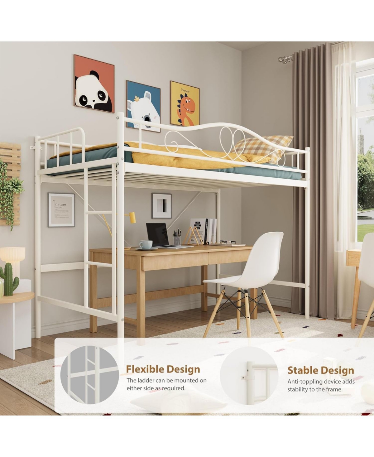 gaomon Twin Loft Bed with Adjustable Ladder & Safety Rail, Heavy-Duty Metal Frame, 400 lb Capacity, Space-Saving, Noise-Free