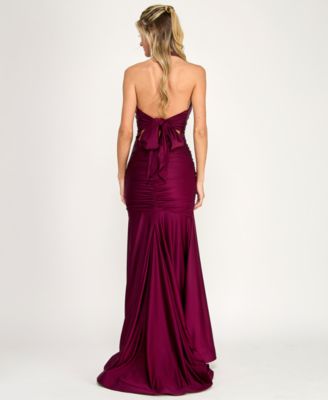 Juniors' Ruched Tie-Back Halter Gown