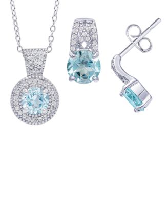2-PIece Lab-Grown Aquamarine (1.50 ct. t.w.) & Lab-Grown White Sapphire (0.15 ct. t.w.) Halo Necklace and Earrings Set in Sterling Silver