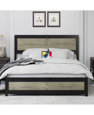Queen Size Bed Frame, Industrial Wooden Platform Bed Frame with Rivet Headboard