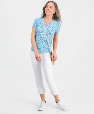 Petite Scattered Buds Henley Short-Sleeve T-Shirt