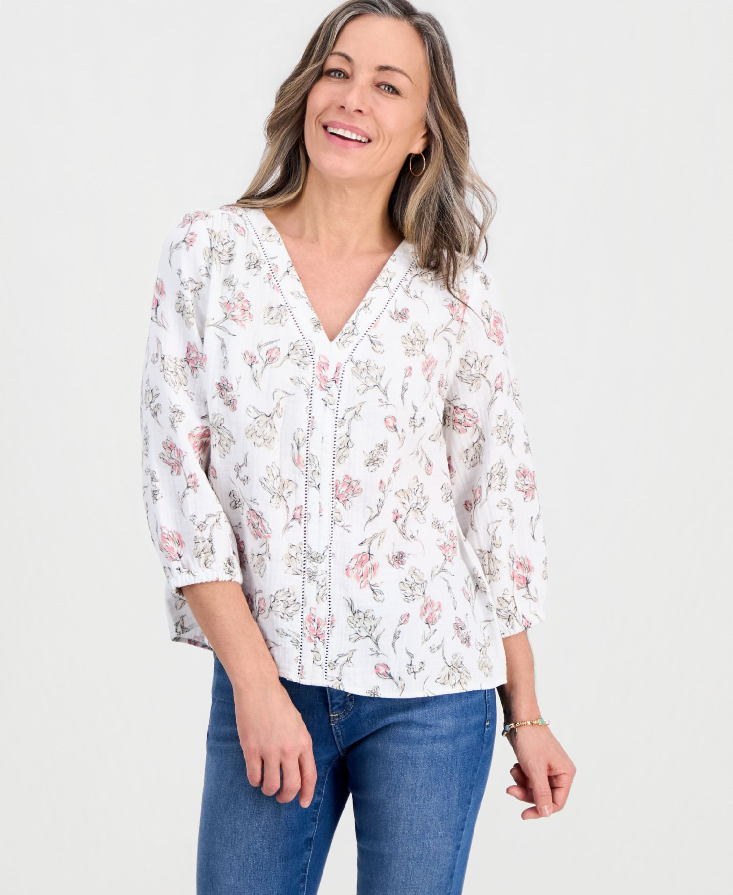 Petite Cotton Gauze Printed 3/4-Sleeve Top