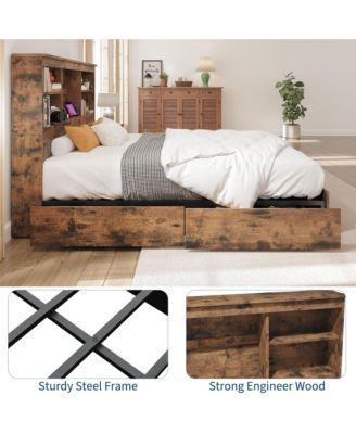 King Size Bed Frame with High Storage Bookcase Headboard, Wood Bed Frame with 4 Storage Drawers