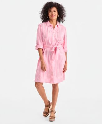 Women's Cotton Striped Tie-Waist Shirt Dress