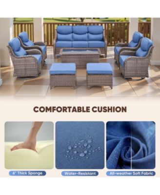 Crescent Brown Wicker Fire Pit Conversation Set with Olefin 6 In. Thick Cushions Patio Swivel Chairs (7-Piece)