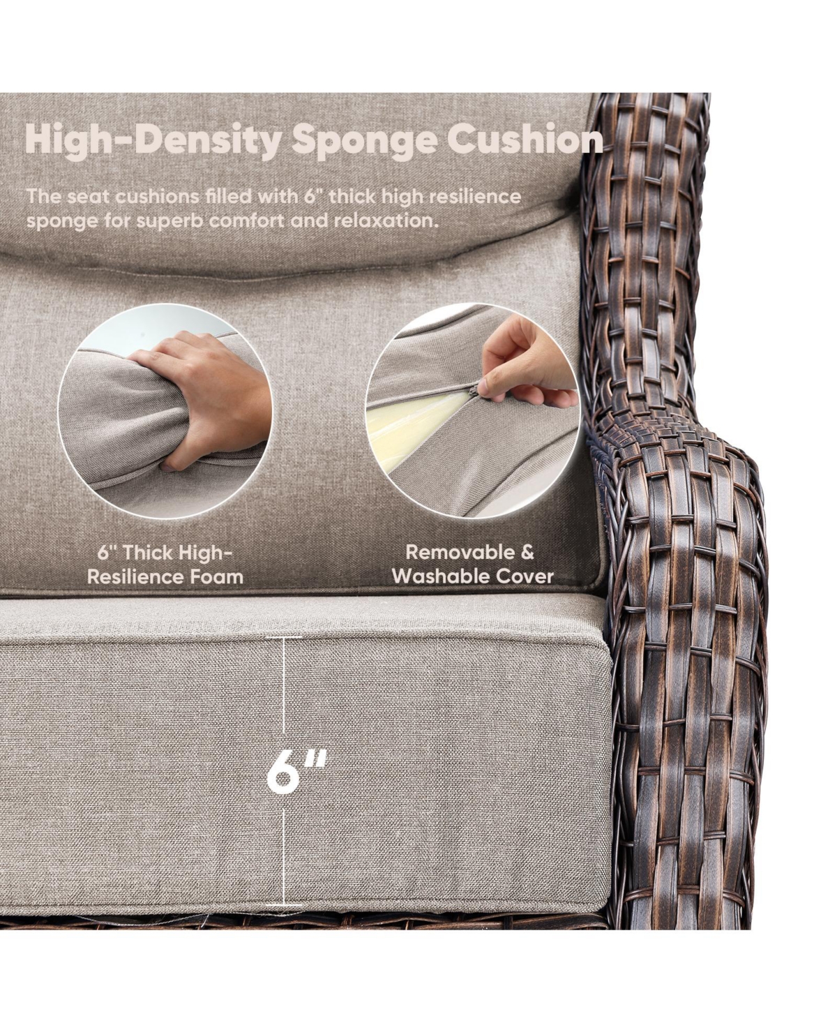 Gymojoy Crescent Brown Wicker Fire Pit Conversation Set with Olefin 6 In. Thick Cushions Patio Swivel Chairs (7-Piece)