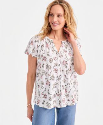 Women's Printed Flutter-Sleeve Button-Front Top