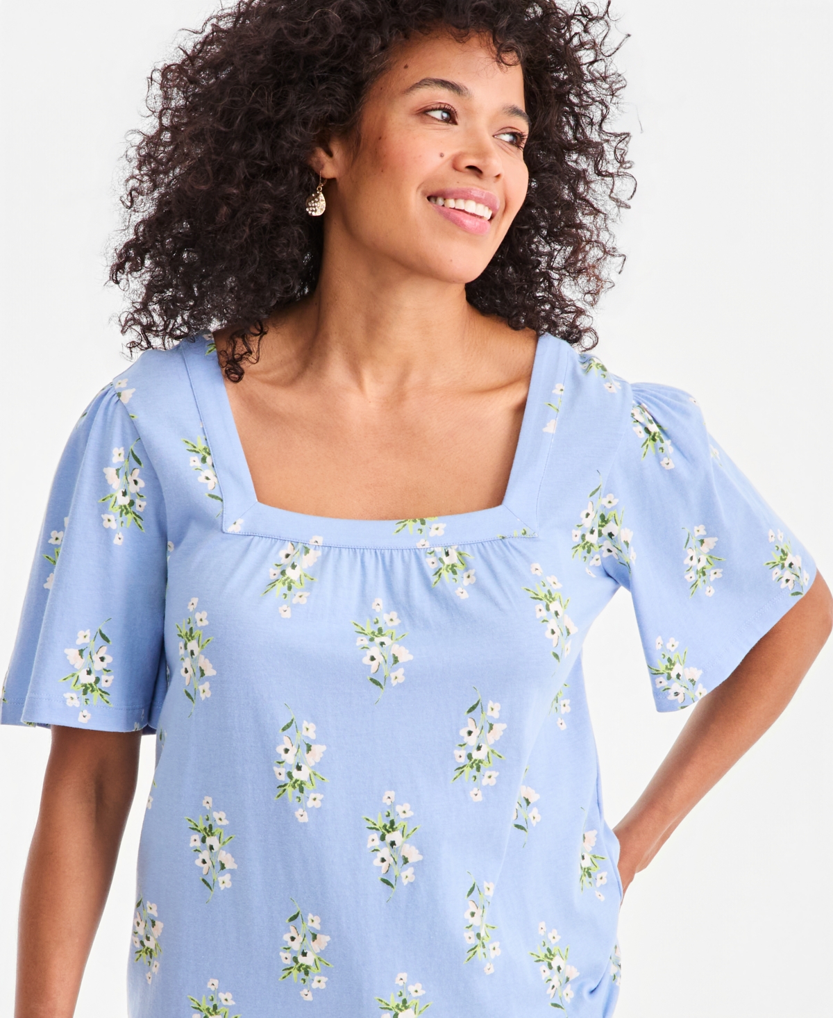 Style & Co Women's Printed Square-Neck Flutter-Sleeve Top