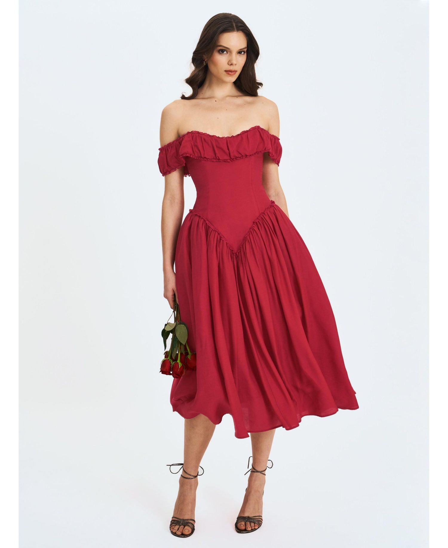 Women's Xavy Crimson Off-Shoulder Corset Midi Dress