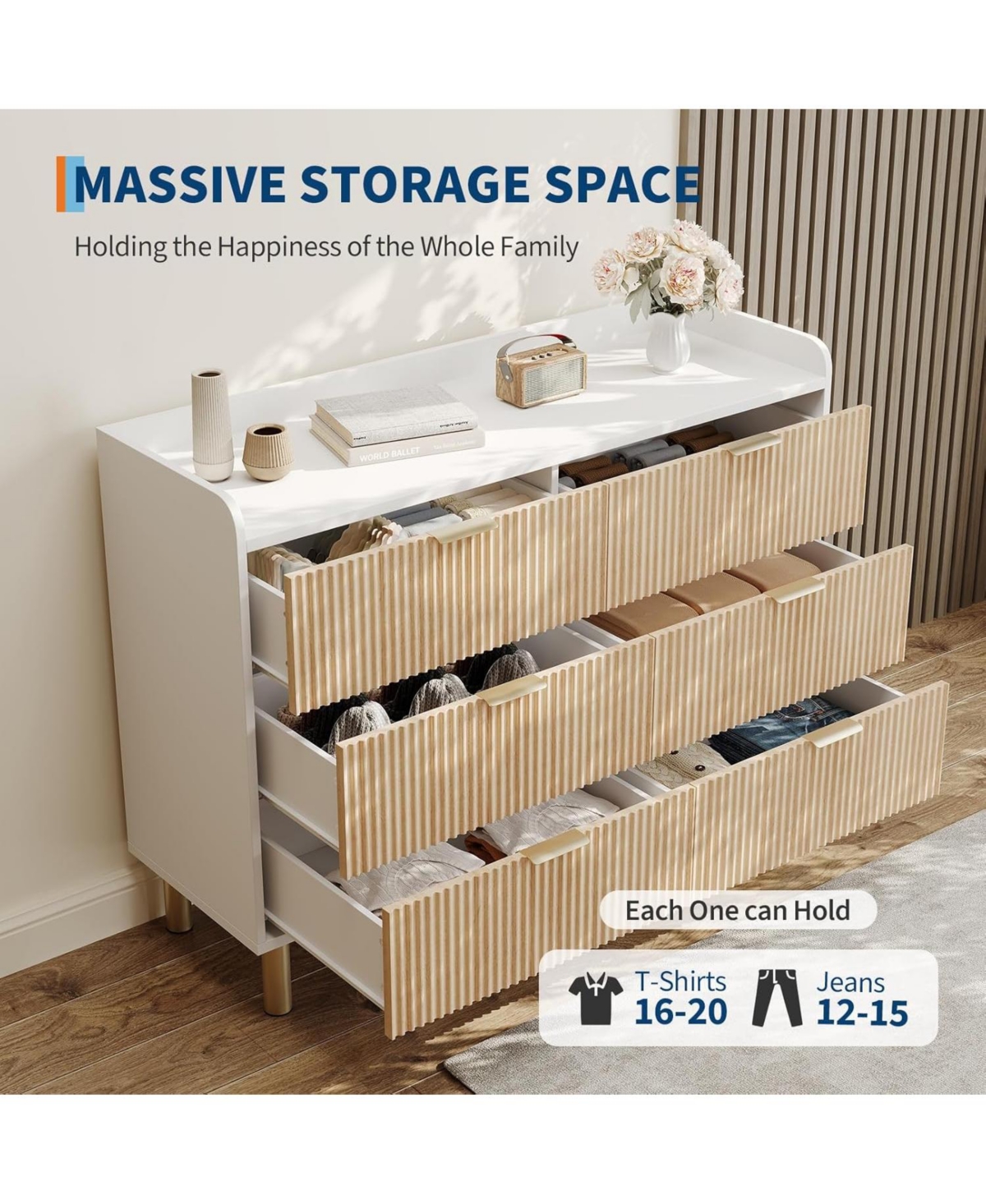 gaomon Dresser for Bedroom, 47.2" Fluted Wood Double Dresser with Metal Handles Curved Design Wide Storage Organizer Cabinet