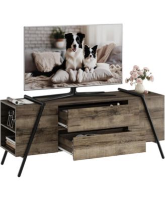 Brand 55" Modern Farmhouse TV Stand, 2 Drawers Adjustable Shelves U-Shaped Metal Legs Entertainment Center