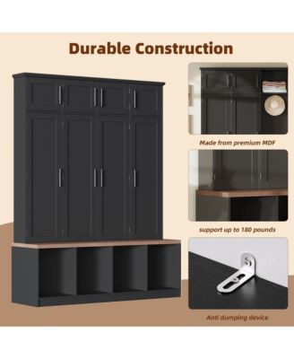 Farmhouse Hall Tree with Hidden Hooks and Walnut Seating Bench