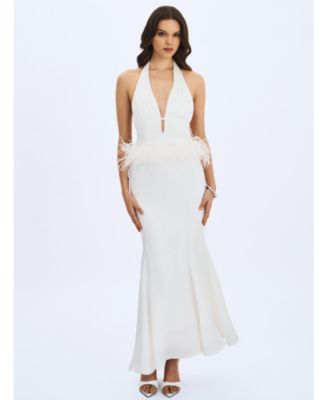 Women Solene Pleated Halter Backless Feather-Trim Maxi Dress
