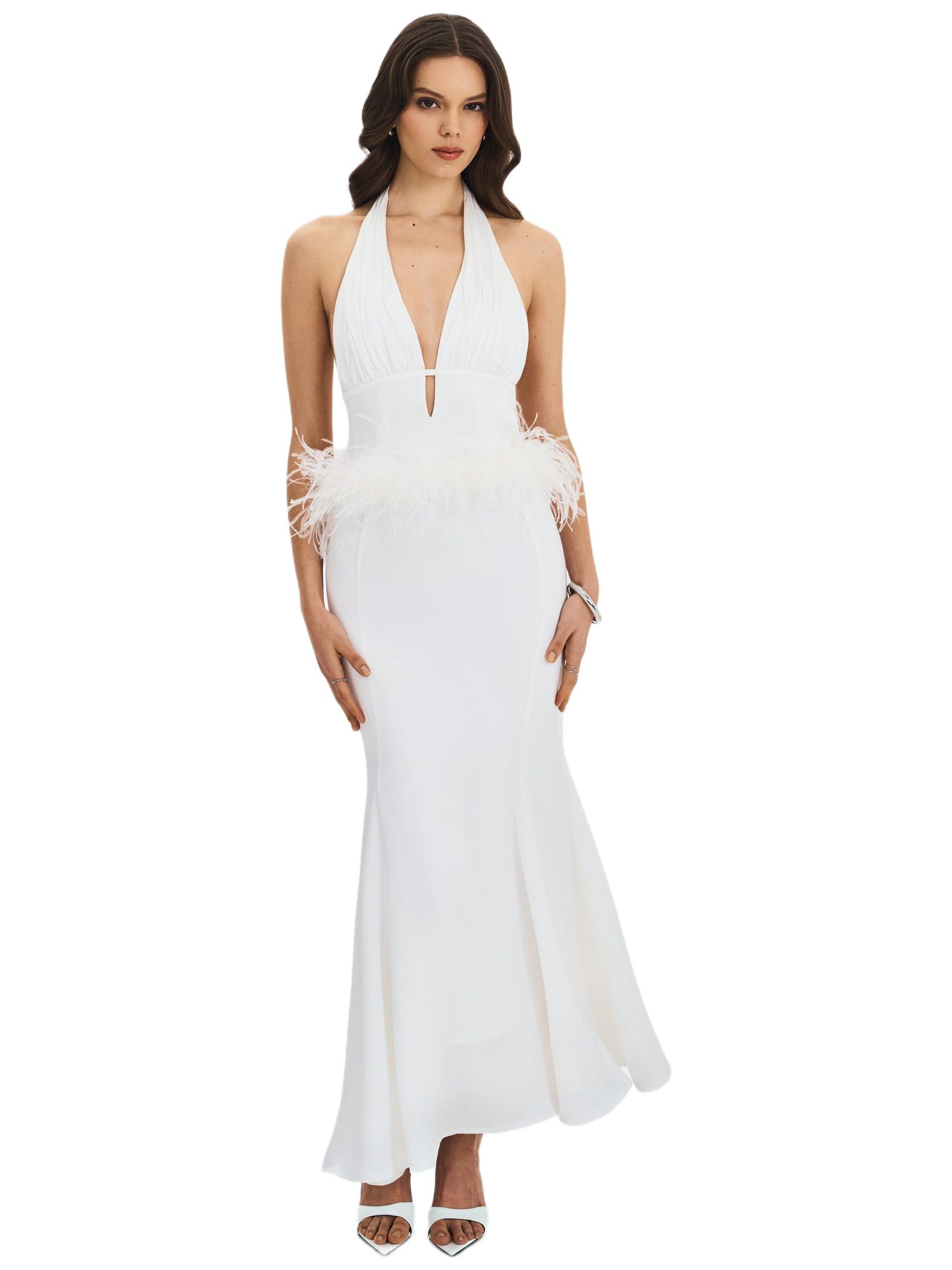 Women Solene Pleated Halter Backless Feather-Trim Maxi Dress