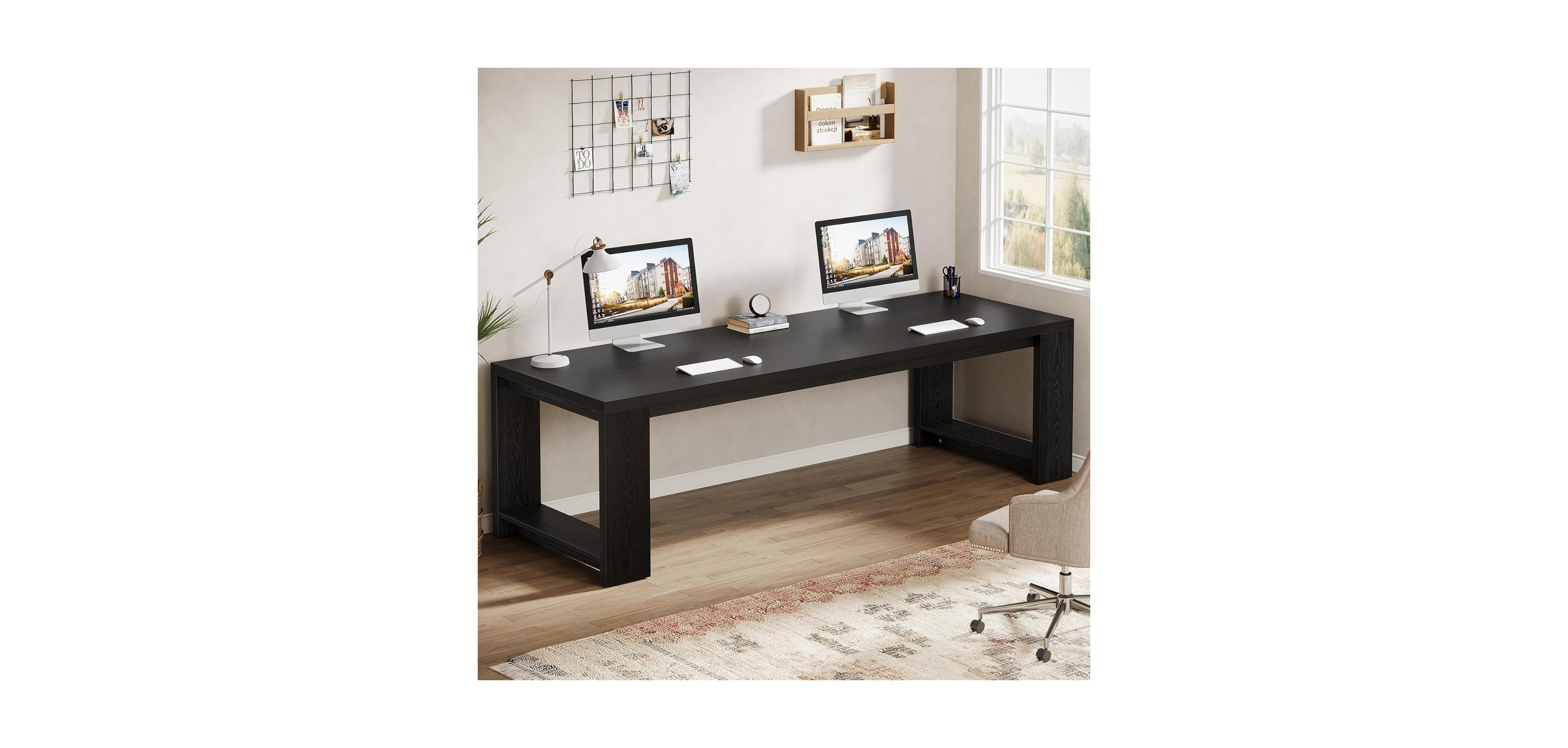 Tribesigns 2 Person Desk, 86.6 Inches Extra Long Double Computer Writing Table, All Wood Large Desks Workstation for Home Office, Natural Oak