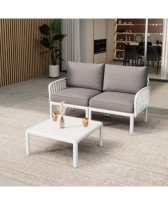 3 Piece Modern Outdoor Patio Sectional Conversation Set with Square Coffee Table Waterproof Thick Cushions White Light Gray for Porch Balcony