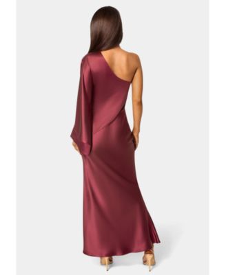 Women's One Shoulder Bell Sleeve Satin Maxi Dress