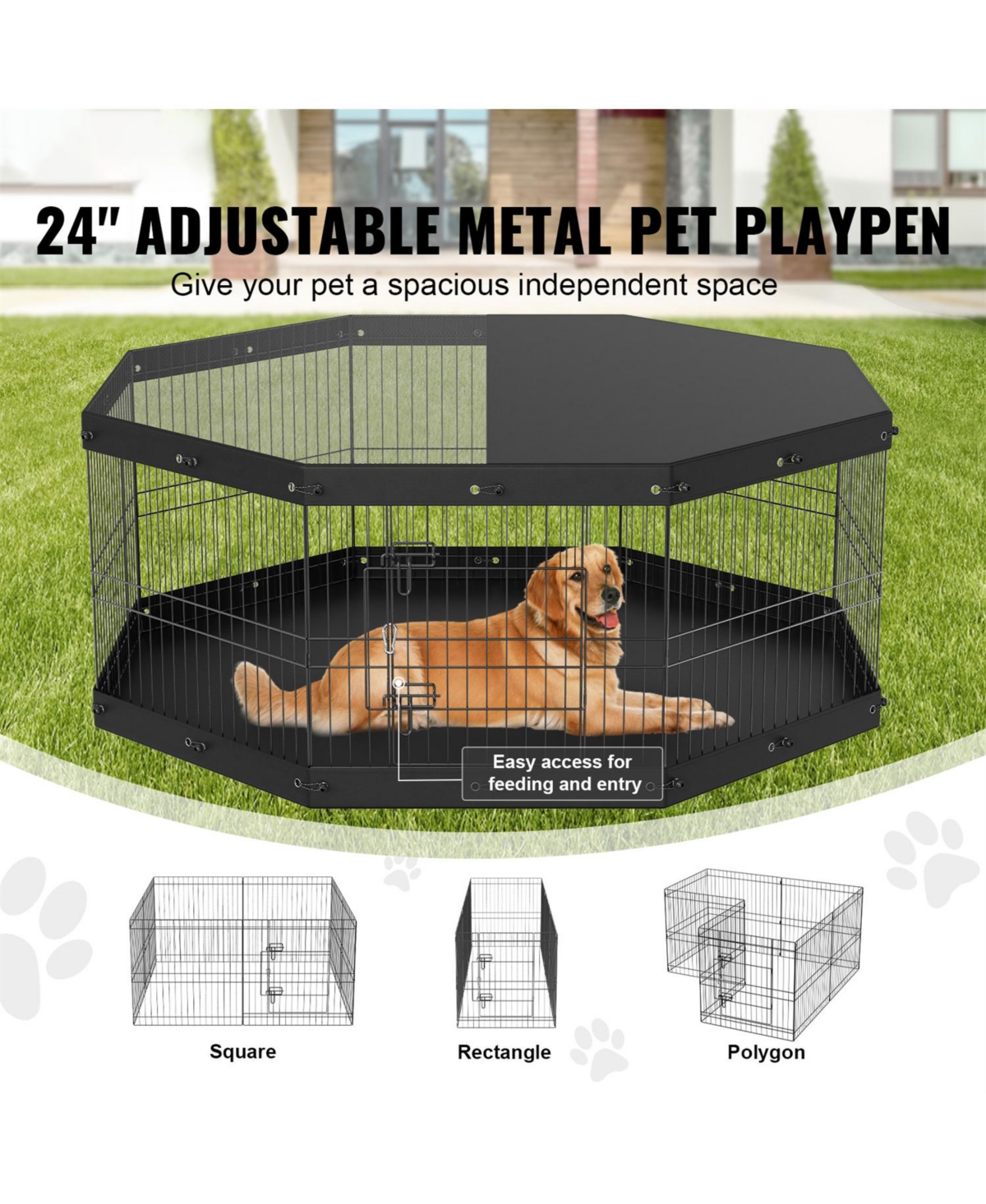 Aostirmotor 8-Panel Foldable Metal Dog Playpen with Top Cover & Mat, 24" H