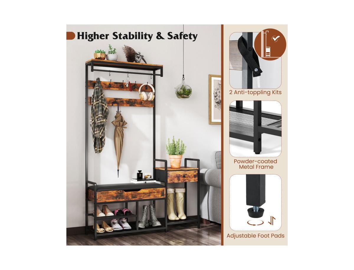 Slickblue Tall Hall Tree with Bench and Coat Rack for Entryway