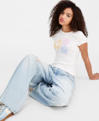 Juniors' Lace-Trim Destructed Elastic-Back Jeans