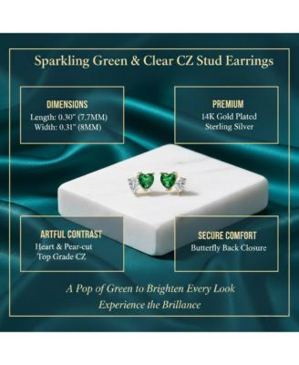Sparkling 14K Gold Plated Green & Clear CZ Stud Earrings