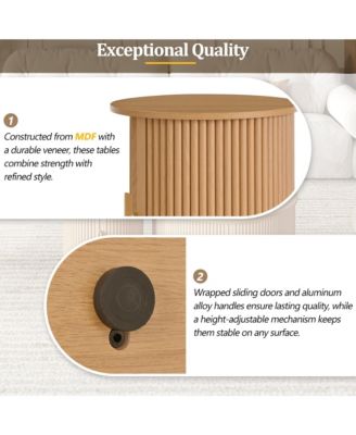 Coffee Table Set with Sliding Tambour Door and Round Fluted End Table for Living Room
