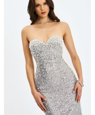 Women's Noelle Silver Sequin Pearl-Embellished Sweetheart Maxi Dress
