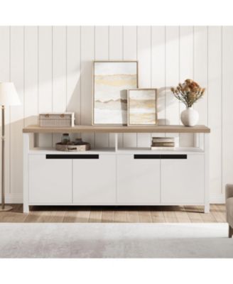 63" Boho Rustic TV Stand for TVs up to 70 Inch, 4 Doors Open Shelf Entertainment Center