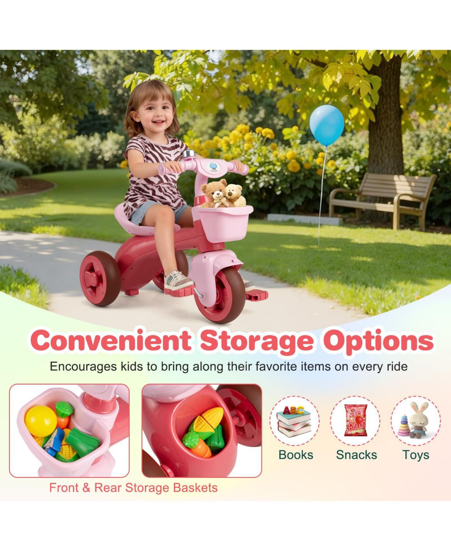 Детская игрушка Mecale Toddler Tricycle with Limited Steering, Front Storage Baskets & Bell, Ages 3–5, цвет: Розовый — фото 7