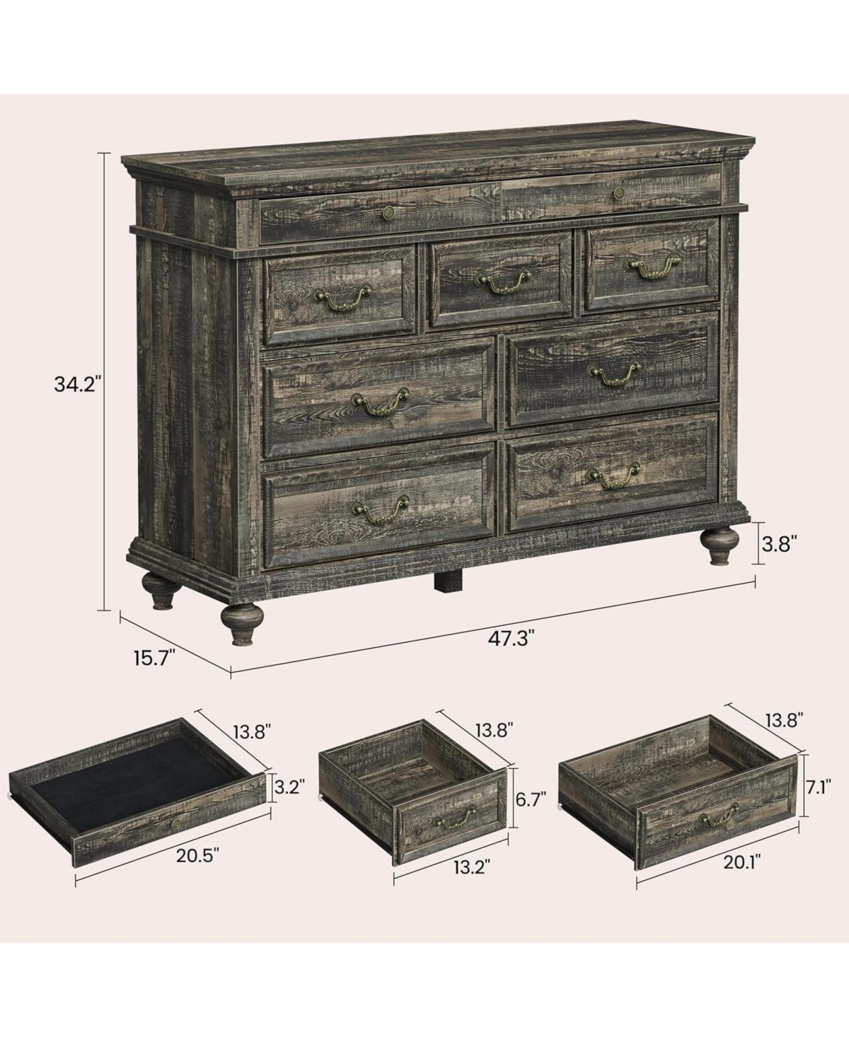 gaomon Farmhouse 9 Drawer Dresser for Bedroom, Wide Dresser Tv Stand with Large Drawers and Metal Handles, Rustic Wood Chest of Drawers