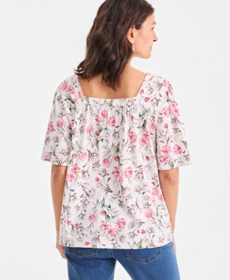 Women's Printed Square-Neck Flutter-Sleeve Top
