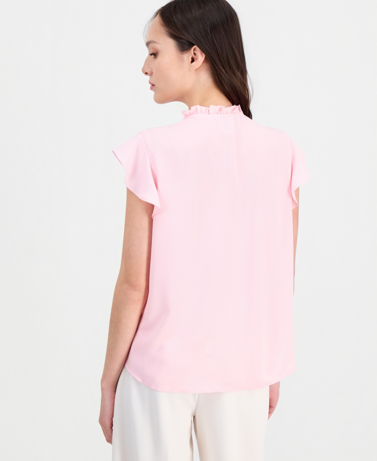 Anne Klein Essentials Petite Flutter-Sleeve Ruffle-Placket Top