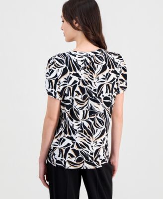 Petite Tulip-Sleeve Printed Split-Neck Top