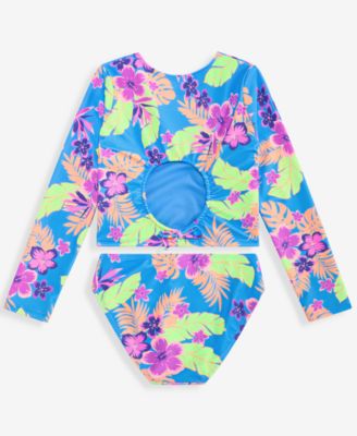 Girls' 7-16 Cropped Rashguard Tropical-Print 2-Piece Swimsuit