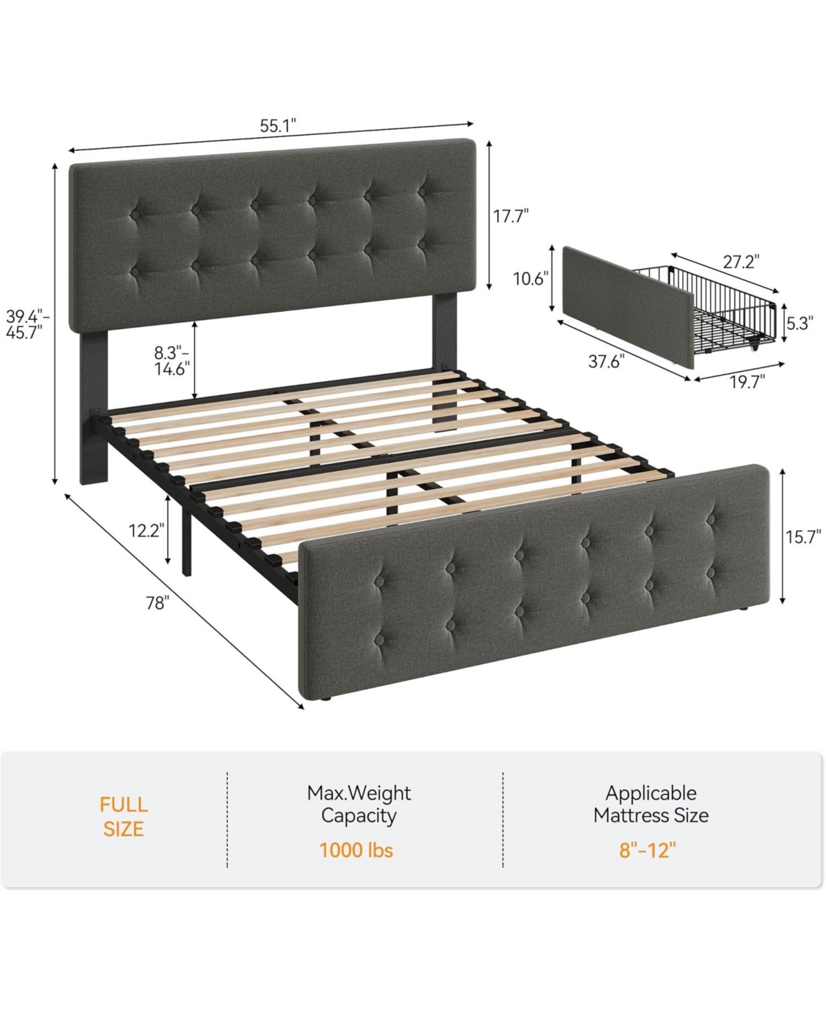 gaomon Full Size Bed Frame with 4 Storage Drawers and Headboard, Linen Upholstered Platform Bed Frame with Wooden Slats Support