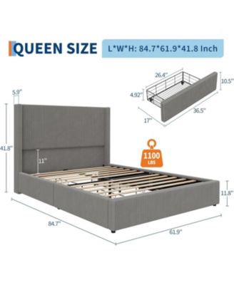 Queen Bed Frame with 4 Storage Drawers, Corduroy Wingback Headboard, Wood Slats, Noise-Free Platform, Grey