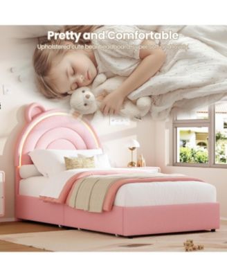 Princess Twin Bed Frame with 4 Storage Drawers, LED Lights, Velvet Platform, Rainbow Headboard, Solid Wood Slats, No Box Spring, Pink