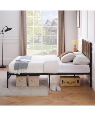Full Bed Frame with Wood Headboard, Platform Metal Bed with 14 Heavy-Duty Steel Slats