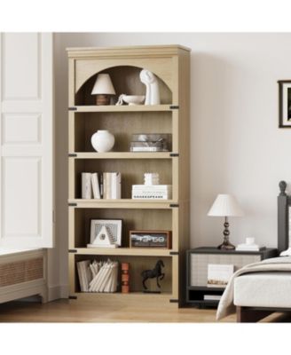 69Inch Farmhouse Arched Bookshelf, Tall Bookcase w/Arche Design, Wooden Arch Book Shelf with Wooden Base