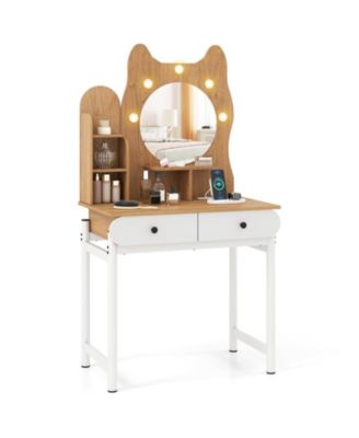 Small Kitty Vanity Desk with Lighted Mirror and Power Outlets, Makeup Table