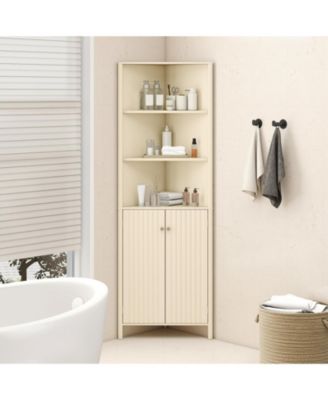 68" Tall Corner Bathroom Cabinet with 5 Shelves and 2 Fluted Doors, Space-Saving