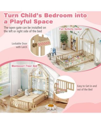 House Style Twin Floor Bed with Decorative Headboard - 48