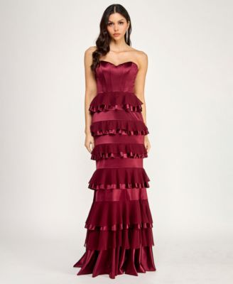 Juniors' Strapless Corset Ruffle Tier Slim Gown