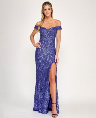 Juniors' Sequin Off-The-Shoulder Lace-Up Back Gown