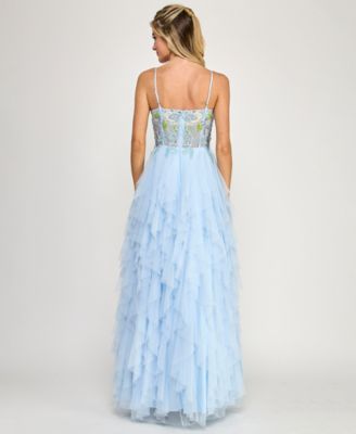 Juniors' Beaded Corset Ruffle V-Neck Ball Gown