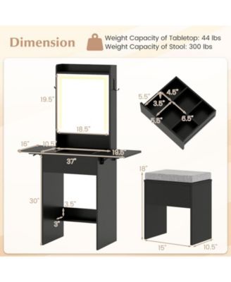 Space-Saving Vanity Desk with Lighted Mirror and Lights, Bedroom Makeup Table